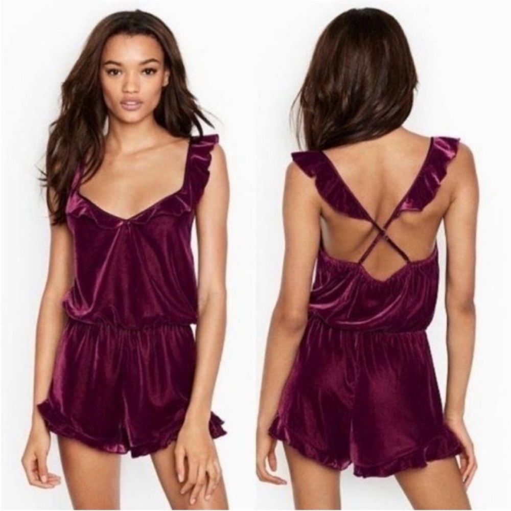 VICTORIA’S SECRET Burgundy Wine Velvet Velour Romper Lingerie Size XS